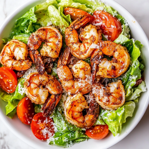 this image shows vibrant bowl of Keto Cajun Shrimp Caesar Salad, featuring juicy Cajun-seasoned shrimp, crisp Romaine lettuce, fresh diced Roma tomatoes, and a sprinkling of Parmesan cheese, all tossed in creamy Caesar dressing.