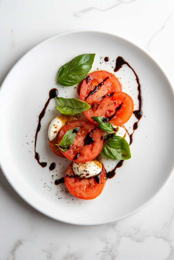 this image shows delightful keto Caprese salad featuring layers of fresh mozzarella, tomatoes, and basil, drizzled with olive oil, served in a white bowl.