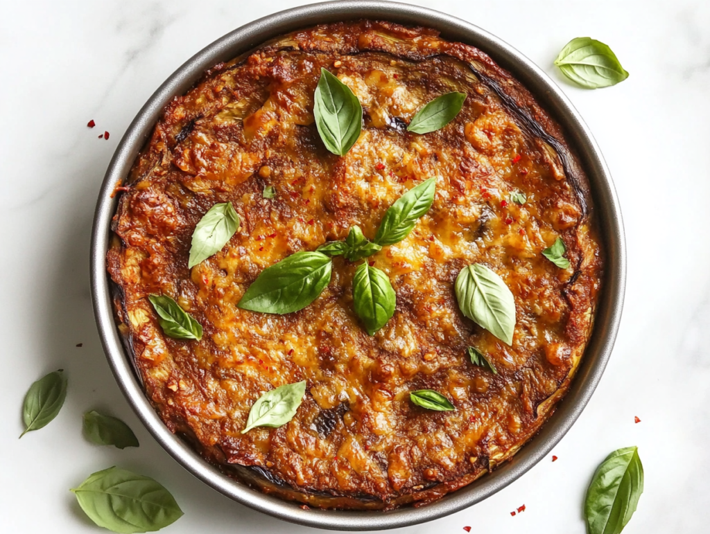 this image shows A delicious serving of Keto Eggplant Lasagna presented in a bowl, featuring layers of creamy sauce, grilled eggplant, ground turkey, marinara sauce, ricotta, and a cheesy golden topping, garnished with fresh basil.