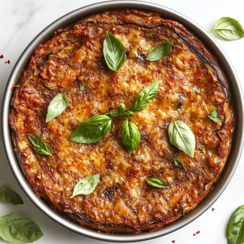 this image shows A delicious serving of Keto Eggplant Lasagna presented in a bowl, featuring layers of creamy sauce, grilled eggplant, ground turkey, marinara sauce, ricotta, and a cheesy golden topping, garnished with fresh basil.