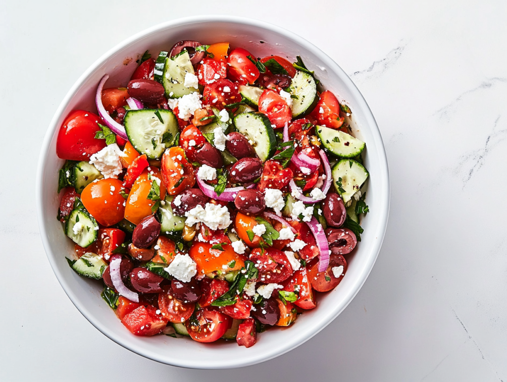 This image shows a Keto Greek Cucumber Salad in a white bowl, topped with a salad dressing made by whisking together olive oil, red wine vinegar, lemon juice, minced garlic, oregano, salt, and black pepper, enhancing the freshness of the salad.