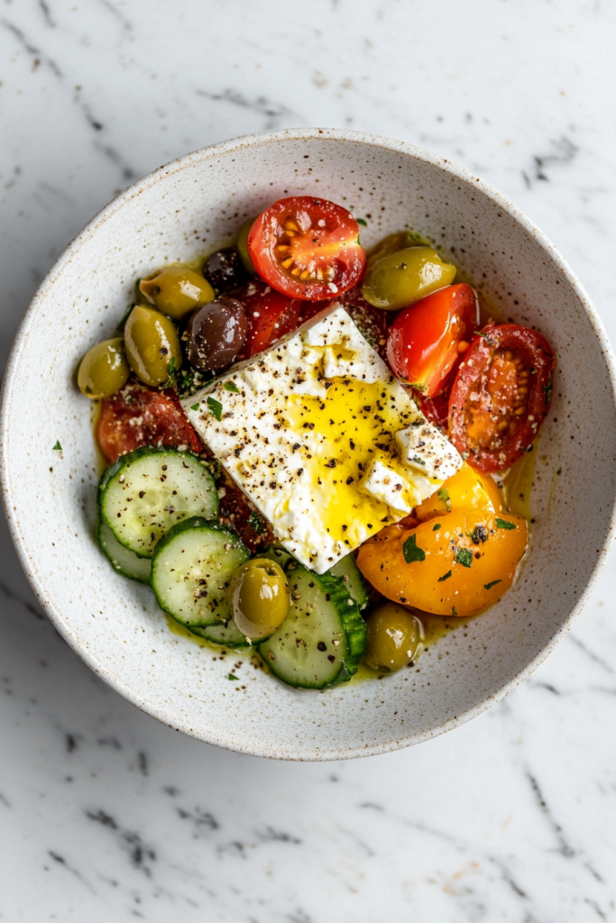 A classic keto Greek salad served in a white bowl, featuring fresh ingredients and a drizzle of extra virgin olive oil for enhanced flavor.