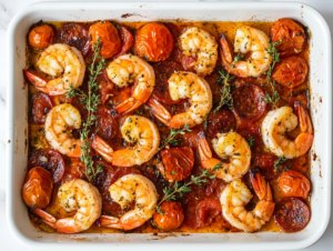 This image shows Keto Sheet Pan Shrimp served in a square white dish, made with melted butter, extra virgin olive oil, smoked paprika, shrimp, pepperoni, fresh thyme, cherry tomatoes, black pepper, garlic, and red onion, all garnished with fresh thyme leaves.