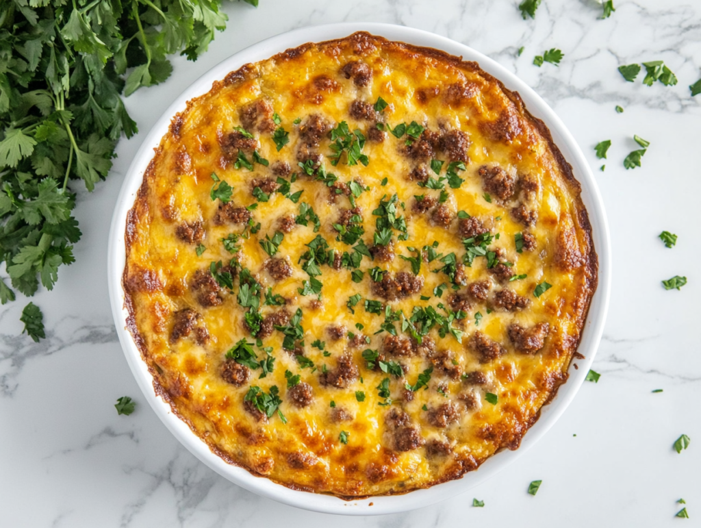 A delicious Keto Turkey Casserole served in a white bowl, featuring a golden-brown cheesy top after baking for 30 minutes and broiling for 2 minutes, garnished with freshly chopped cilantro.