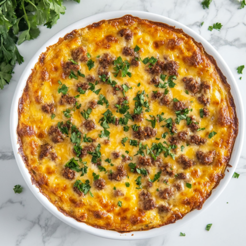 A delicious Keto Turkey Casserole served in a white bowl, featuring a golden-brown cheesy top after baking for 30 minutes and broiling for 2 minutes, garnished with freshly chopped cilantro.