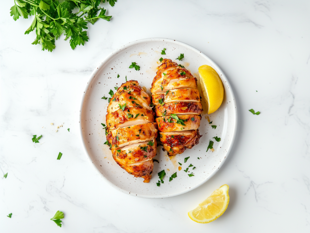 This image shows a beautifully roasted keto air fryer chicken breast served on a white plate, garnished with chopped cilantro, with a juicy and tender texture, accompanied by a halved lemon on the side.