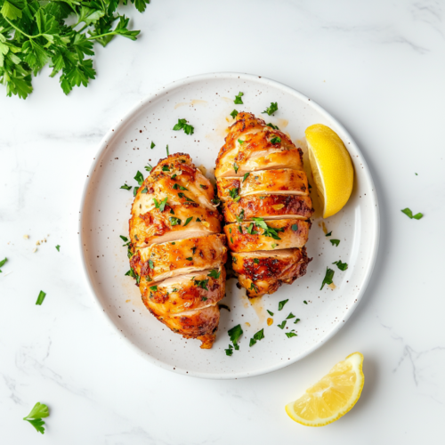 This image shows a beautifully roasted keto air fryer chicken breast served on a white plate, garnished with chopped cilantro, with a juicy and tender texture, accompanied by a halved lemon on the side.