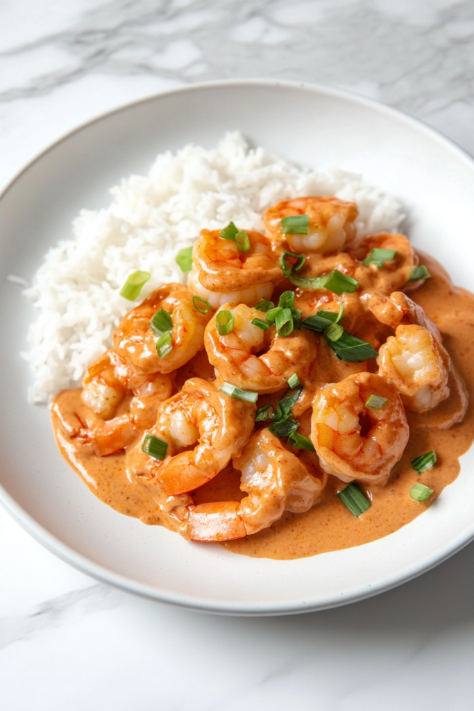 This image shows keto bang bang shrimp served with a side of cauliflower rice, topped with green onions, offering a flavorful low-carb dish.