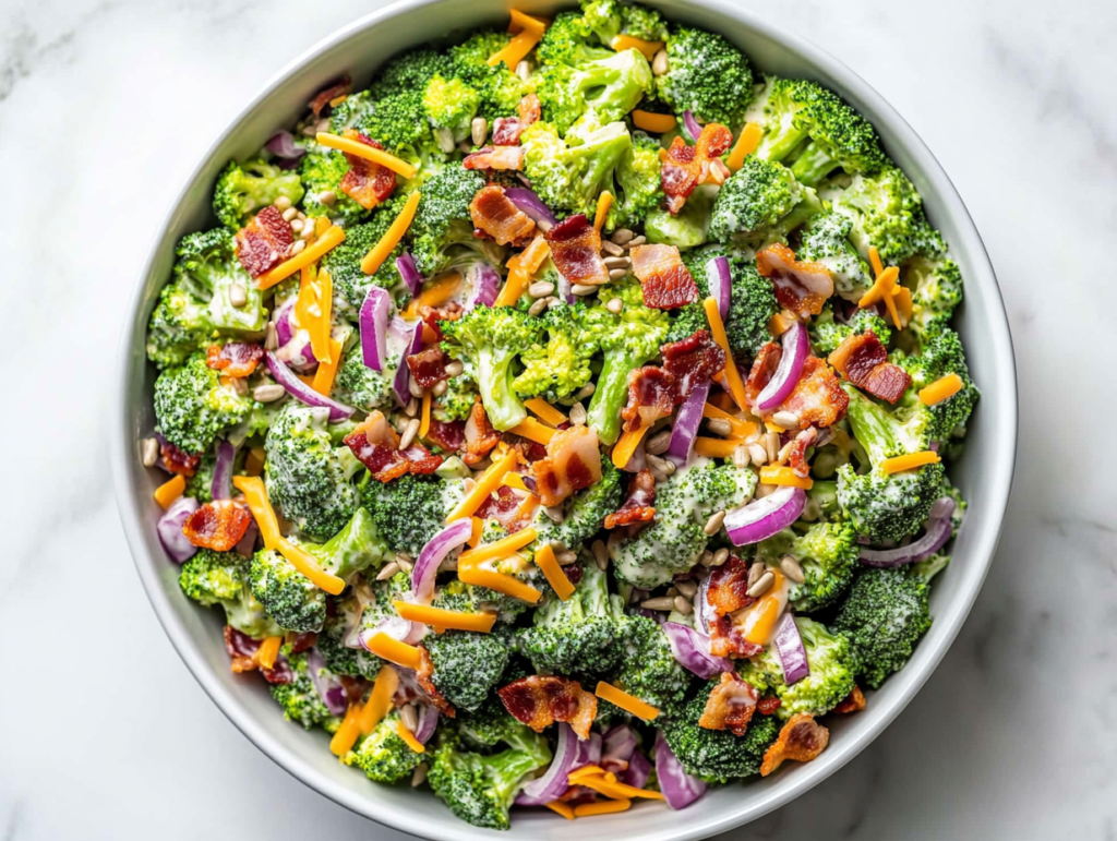 This image shows a white bowl filled with keto broccoli salad, featuring bite-sized broccoli florets, shredded cheese, chopped onions, walnuts, sunflower seeds, crumbled bacon, and creamy dressing evenly mixed for a delicious low-carb dish.