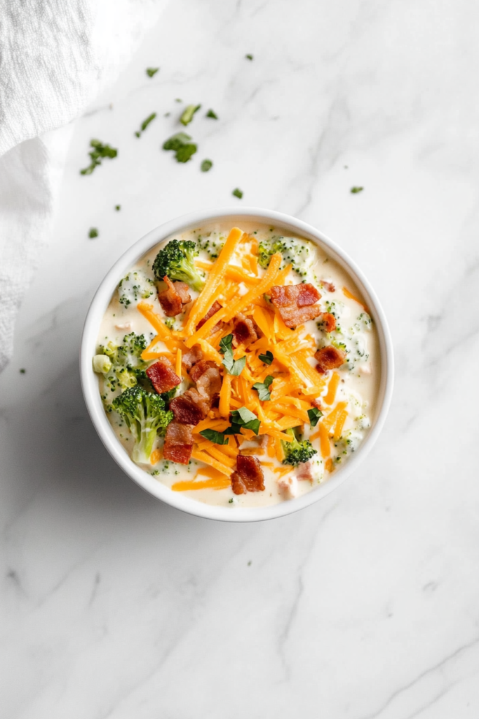 this image shows flavorful keto broccoli salad served in a white bowl, generously sprinkled with shredded cheddar cheese for a rich, cheesy taste.