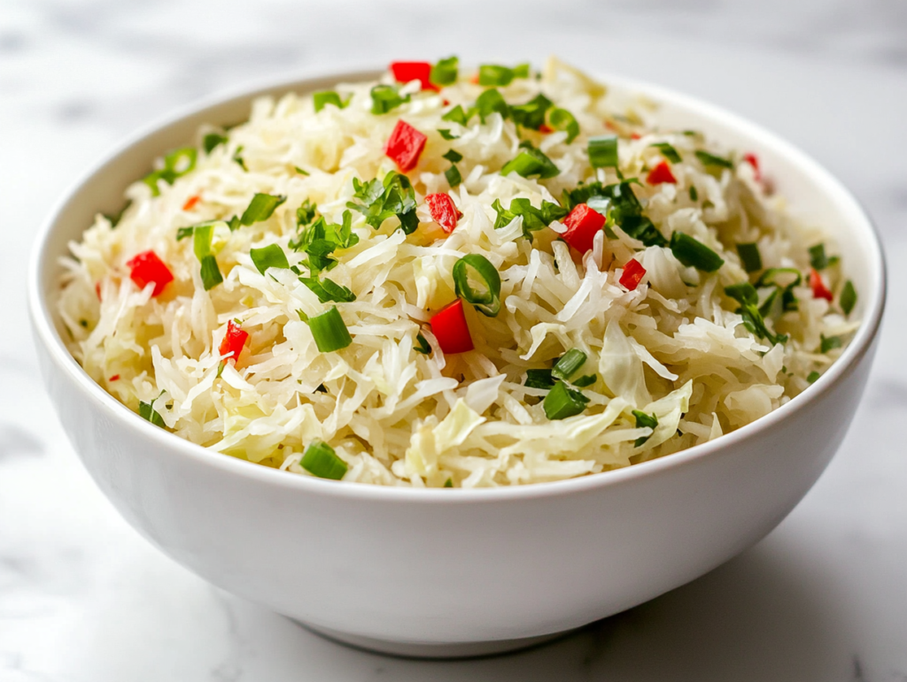 This image shows a bowl of keto cabbage rice, made with shredded cabbage and garnished with freshly chopped spring onions, offering a delicious low-carb meal.