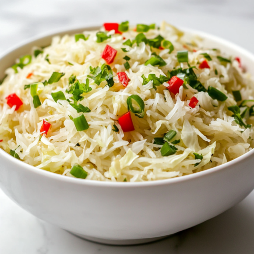 This image shows a bowl of keto cabbage rice, made with shredded cabbage and garnished with freshly chopped spring onions, offering a delicious low-carb meal.