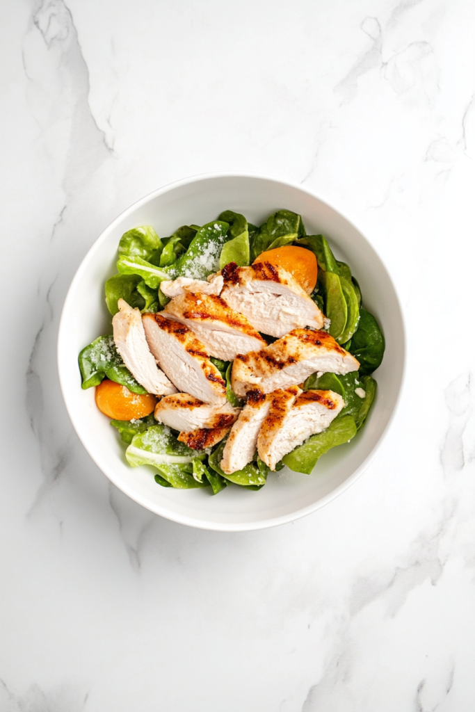 this image shows A classic keto chicken Caesar salad served in a white bowl, drizzled evenly with rich Caesar dressing for a perfect low-carb meal.