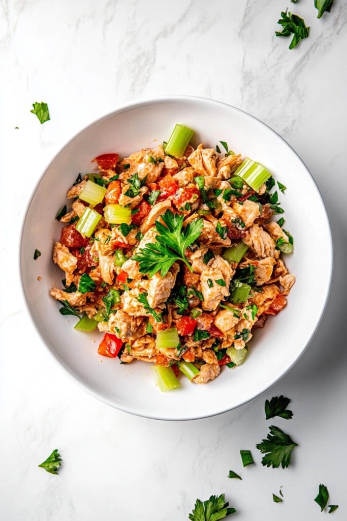 this image shows zesty keto chicken salad served in a white bowl, topped with vibrant fresh cilantro for added flavor and presentation.