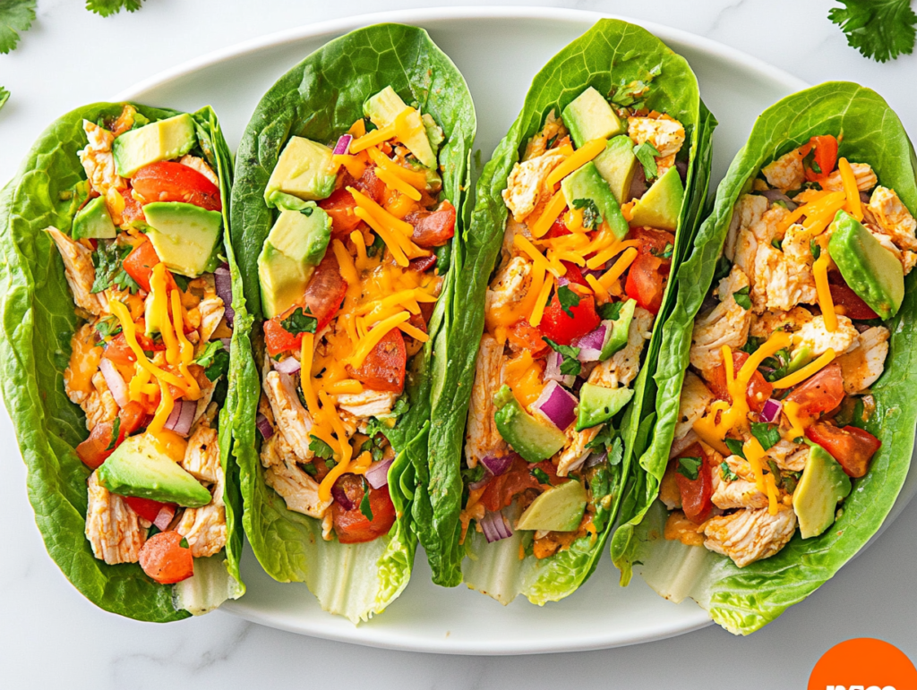 This image shows keto-friendly chicken taco lettuce wraps served on a white oval plate with sliced avocado, diced tomatoes, chopped onions, fresh cilantro, and a drizzle of garlic-lime sauce, ready to be served immediately.