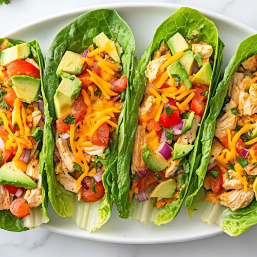 This image shows keto-friendly chicken taco lettuce wraps served on a white oval plate with sliced avocado, diced tomatoes, chopped onions, fresh cilantro, and a drizzle of garlic-lime sauce, ready to be served immediately.