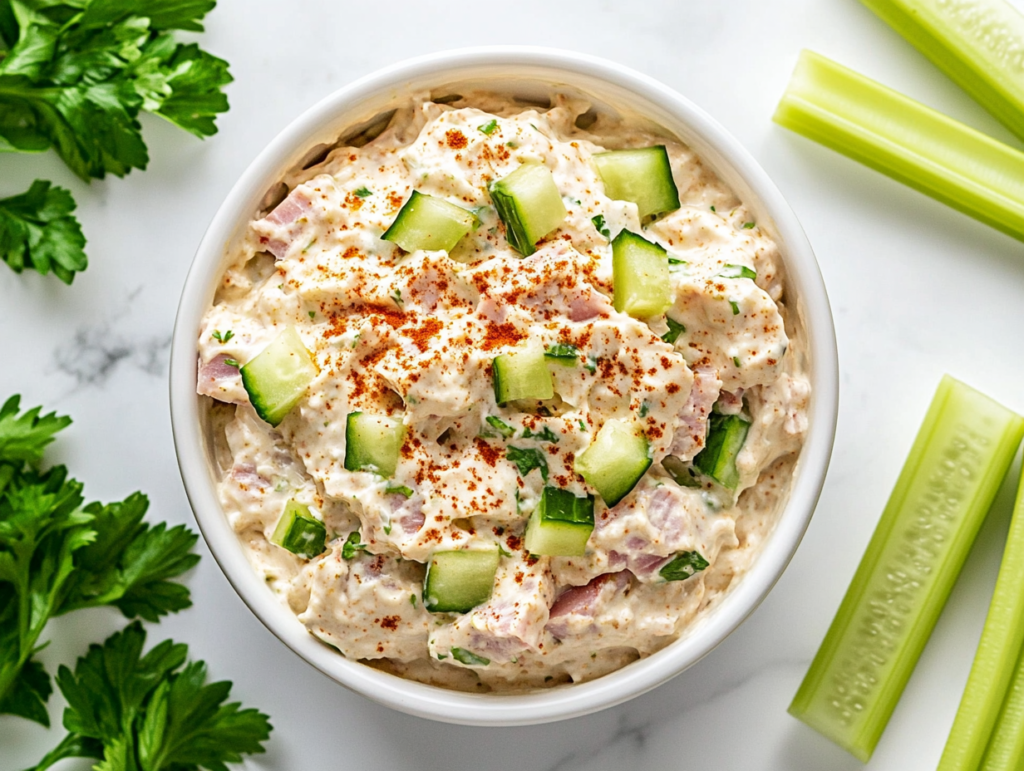 This image shows a white bowl filled with keto deviled ham salad, featuring finely chopped ham blended with mayonnaise, Dijon mustard, celery, and onion for a rich and creamy low-carb dish, perfect as a dip or spread.