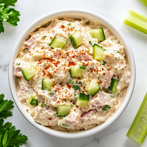 This image shows a white bowl filled with keto deviled ham salad, featuring finely chopped ham blended with mayonnaise, Dijon mustard, celery, and onion for a rich and creamy low-carb dish, perfect as a dip or spread.