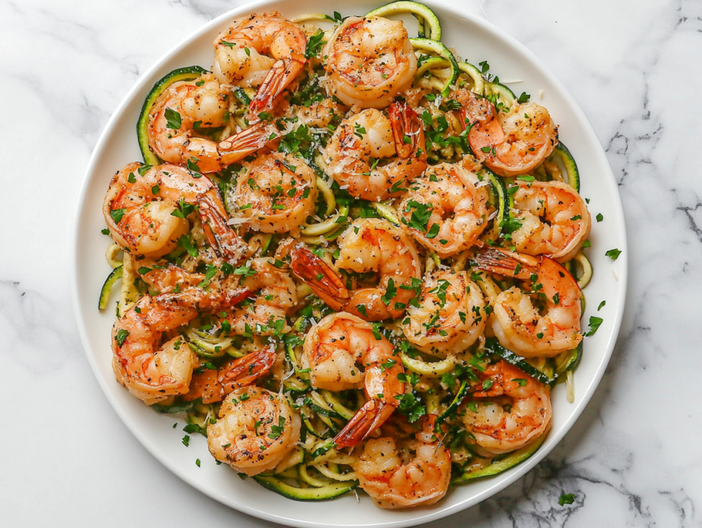 This image features a plate of keto garlic butter shrimp served on a bed of zucchini noodles, garnished with freshly grated parmesan and chopped parsley.