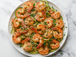 This image features a plate of keto garlic butter shrimp served on a bed of zucchini noodles, garnished with freshly grated parmesan and chopped parsley.