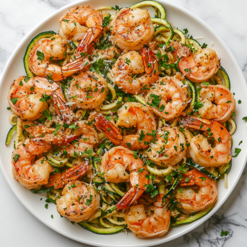 This image features a plate of keto garlic butter shrimp served on a bed of zucchini noodles, garnished with freshly grated parmesan and chopped parsley.