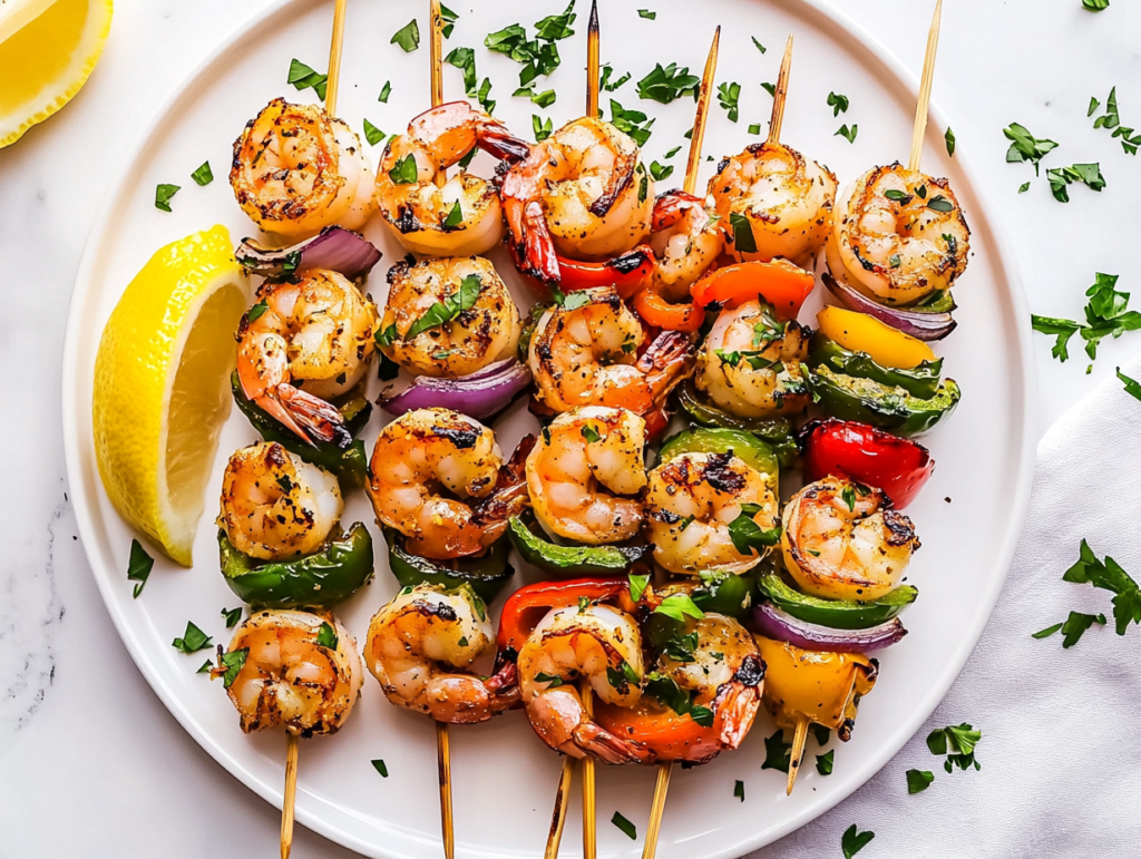 This image showcases grilled shrimp skewers with roasted onions and bell peppers on long toothpicks, garnished with fresh parsley. Served on a white round plate with a halved lemon on the side for a fresh citrus touch.