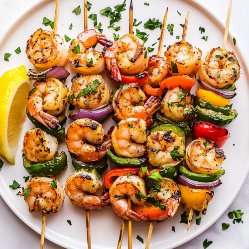 This image showcases grilled shrimp skewers with roasted onions and bell peppers on long toothpicks, garnished with fresh parsley. Served on a white round plate with a halved lemon on the side for a fresh citrus touch.