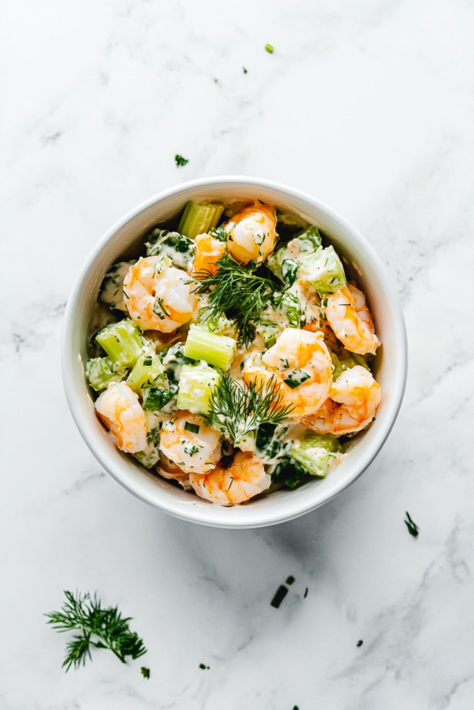 this image shows refreshing keto shrimp salad served in a white bowl, tossed in a flavorful mix of garlic, mustard, dill, red pepper flakes, sea salt, and black pepper.