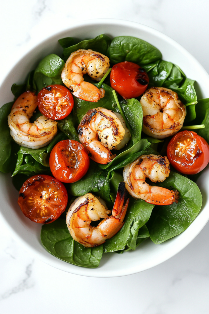 this image shows colorful keto shrimp spinach salad featuring fresh spinach leaves, cherry tomatoes, and perfectly cooked shrimp, served in a white bowl.