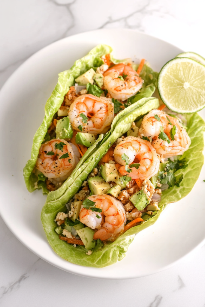 This image shows keto shrimp tacos wrapped in crisp lettuce leaves for a low-carb crunch, garnished with halved lemon slices, and served on a white round plate.