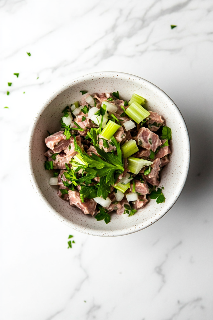 this image shows hearty keto tuna salad seasoned with salt and pepper, with an optional addition of creamy mayonnaise, served in a white bowl.