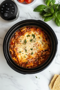 This image shows the lasagna cooking in the crockpot, with layers of noodles, sauce, and cheese visible through the side for a mouthwatering preview.