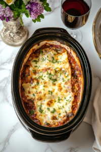 This image shows the crockpot lasagna cooking on low heat in the slow cooker, allowing the layers of sauce, noodles, and cheese to meld together into a comforting meal