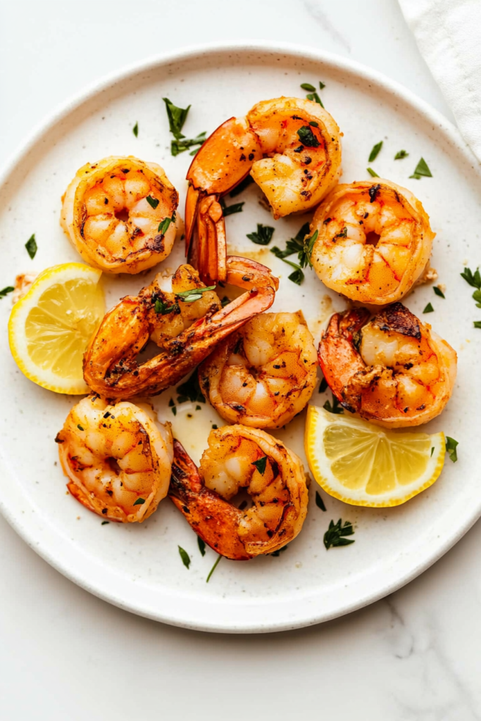 This image shows lemon garlic shrimp, tossed in fresh lemon juice and garnished with chopped cilantro, served with halved lemon slices for an extra tangy kick.