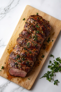 This image shows the pork loin resting on a cutting board after being removed from the slow cooker, allowing the juices to redistribute for a tender and flavorful result.