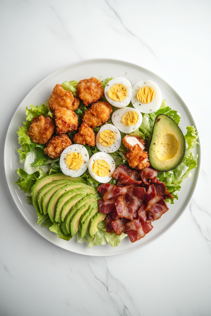 this image shows A satisfying lettuce-free keto Cobb salad served on a white plate, dressed with buttermilk or heavy cream for a unique twist.