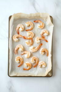 This image shows a baking sheet lined with parchment paper, ready to hold the shrimp for baking.