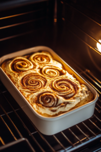 This image shows the loaf of cinnamon swirl bread baking in an oven, with its golden-brown crust developing and filling the kitchen with a warm, cinnamon aroma.