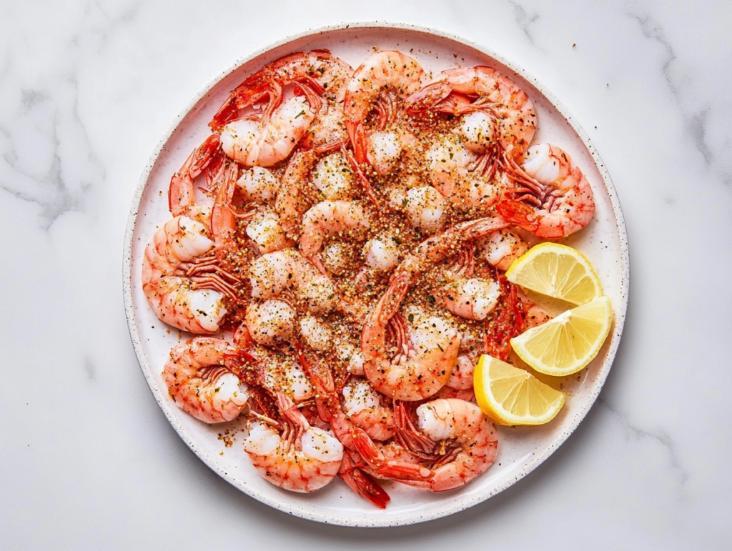 this image shows A plate of Low Carb Maryland Style Old Bay Shrimp, garnished with fresh lemon wedges and a generous sprinkle of Old Bay seasoning