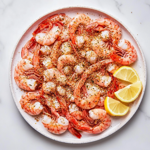 this image shows A plate of Low Carb Maryland Style Old Bay Shrimp, garnished with fresh lemon wedges and a generous sprinkle of Old Bay seasoning