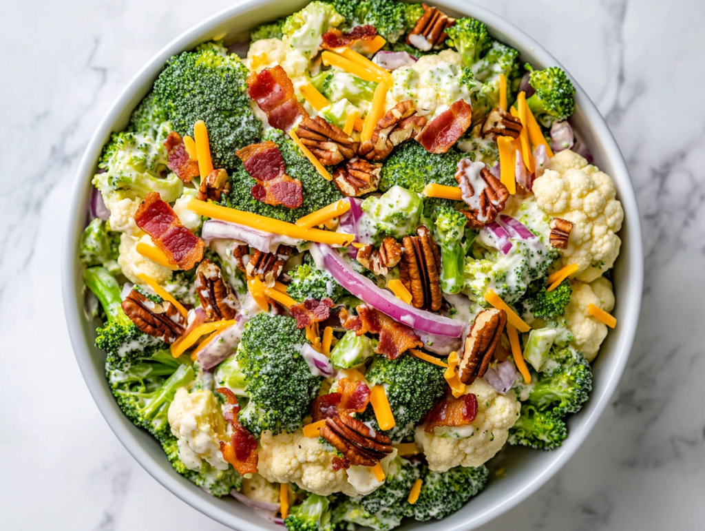 this image shows A vibrant salad in a white bowl with raw broccoli and cauliflower florets, crumbled bacon, shredded cheddar cheese, red onion, pecans, and creamy dressing, garnished to perfection.