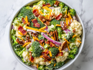 this image shows A vibrant salad in a white bowl with raw broccoli and cauliflower florets, crumbled bacon, shredded cheddar cheese, red onion, pecans, and creamy dressing, garnished to perfection.