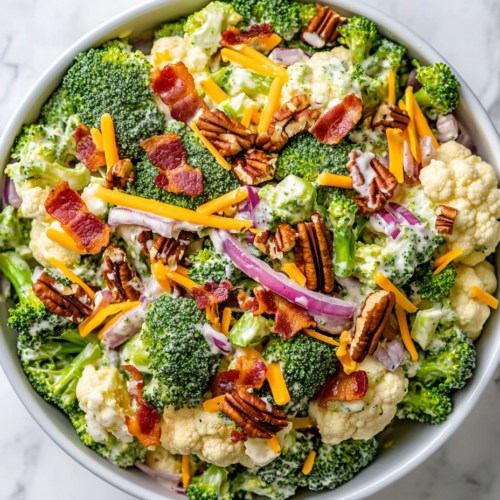 this image shows A vibrant salad in a white bowl with raw broccoli and cauliflower florets, crumbled bacon, shredded cheddar cheese, red onion, pecans, and creamy dressing, garnished to perfection.