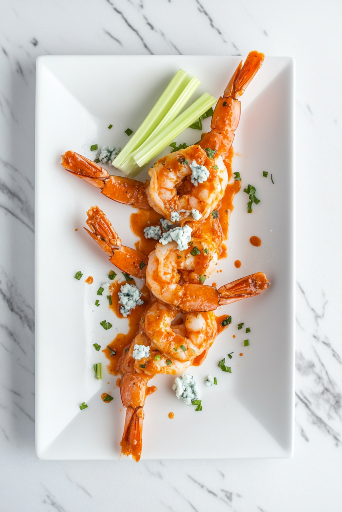 This image shows low-carb buffalo shrimp tossed in a warm and spicy sauce, served on a rectangular white plate and garnished with chopped green onions.