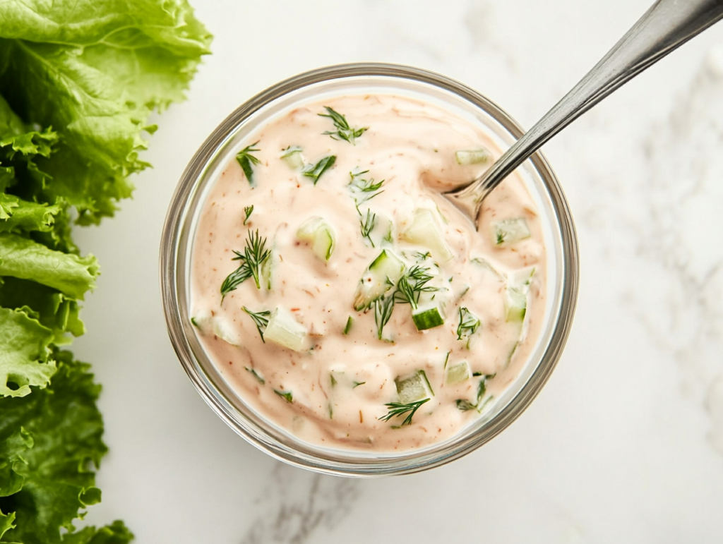 this image shows creamy and smooth Thousand Island dressing in a small glass bowl, surrounded by the key ingredients—mayo, sugar-free ketchup, and lemon juice.