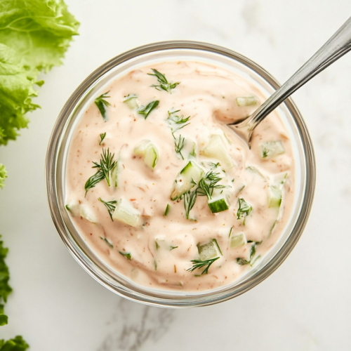 this image shows creamy and smooth Thousand Island dressing in a small glass bowl, surrounded by the key ingredients—mayo, sugar-free ketchup, and lemon juice.