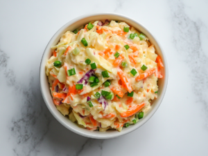 this image shows colorful bowl of low-carb keto coleslaw, featuring a mix of shredded green cabbage, red cabbage, carrots, and green onions, tossed in a creamy dressing, perfect for a refreshing side dish.