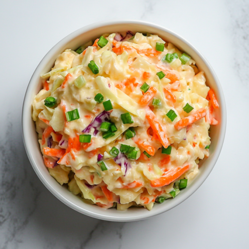 this image shows colorful bowl of low-carb keto coleslaw, featuring a mix of shredded green cabbage, red cabbage, carrots, and green onions, tossed in a creamy dressing, perfect for a refreshing side dish.