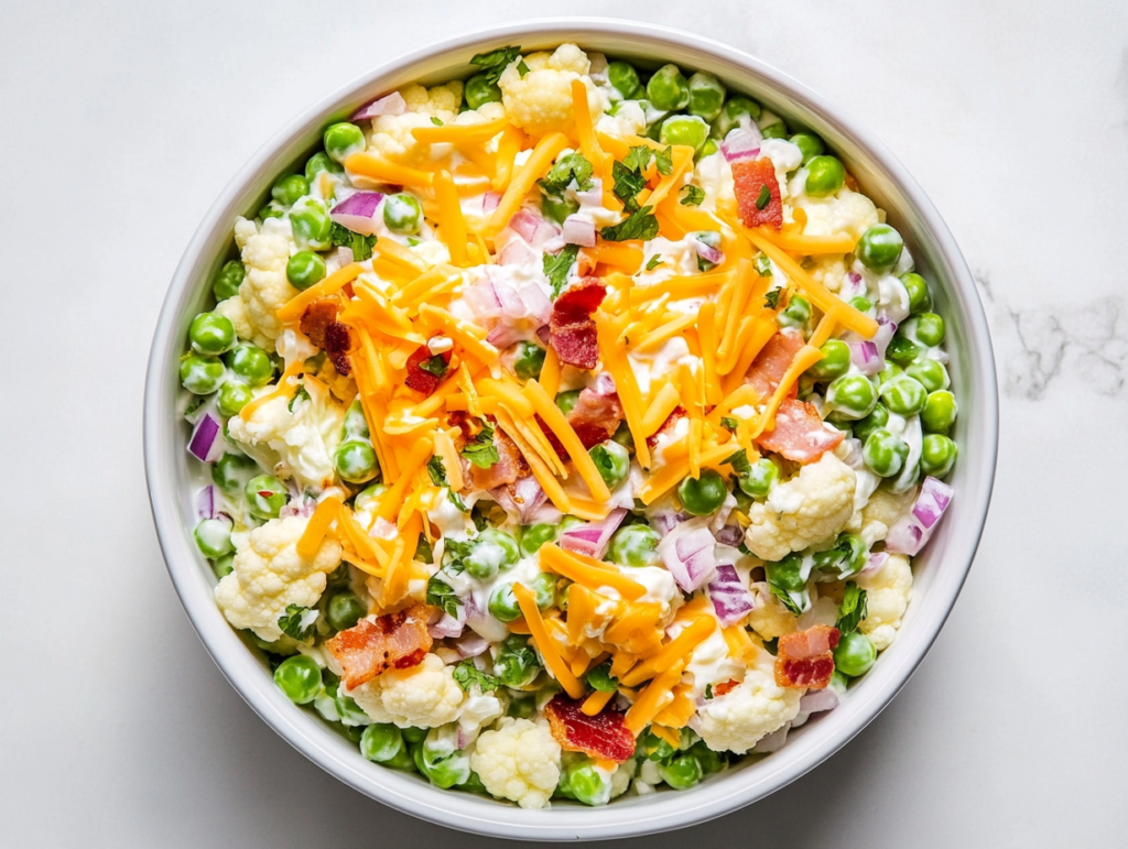 This image shows a white bowl filled with a low-carb pea salad, featuring a creamy dressing that evenly coats the peas, bacon, and cheese, garnished with extra toppings for a delicious presentation, ready to be served as a side dish.