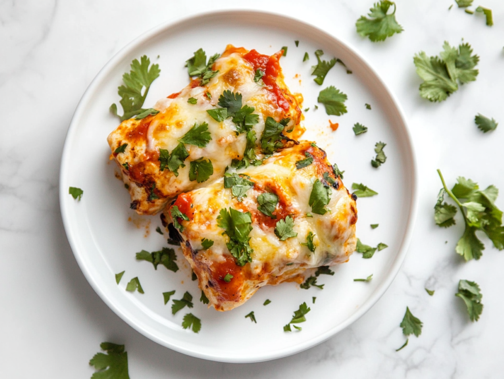 This image shows a beautifully plated dish of low carb shrimp enchiladas, topped with melty gooey cheese and freshly chopped cilantro, served on a white round plate.